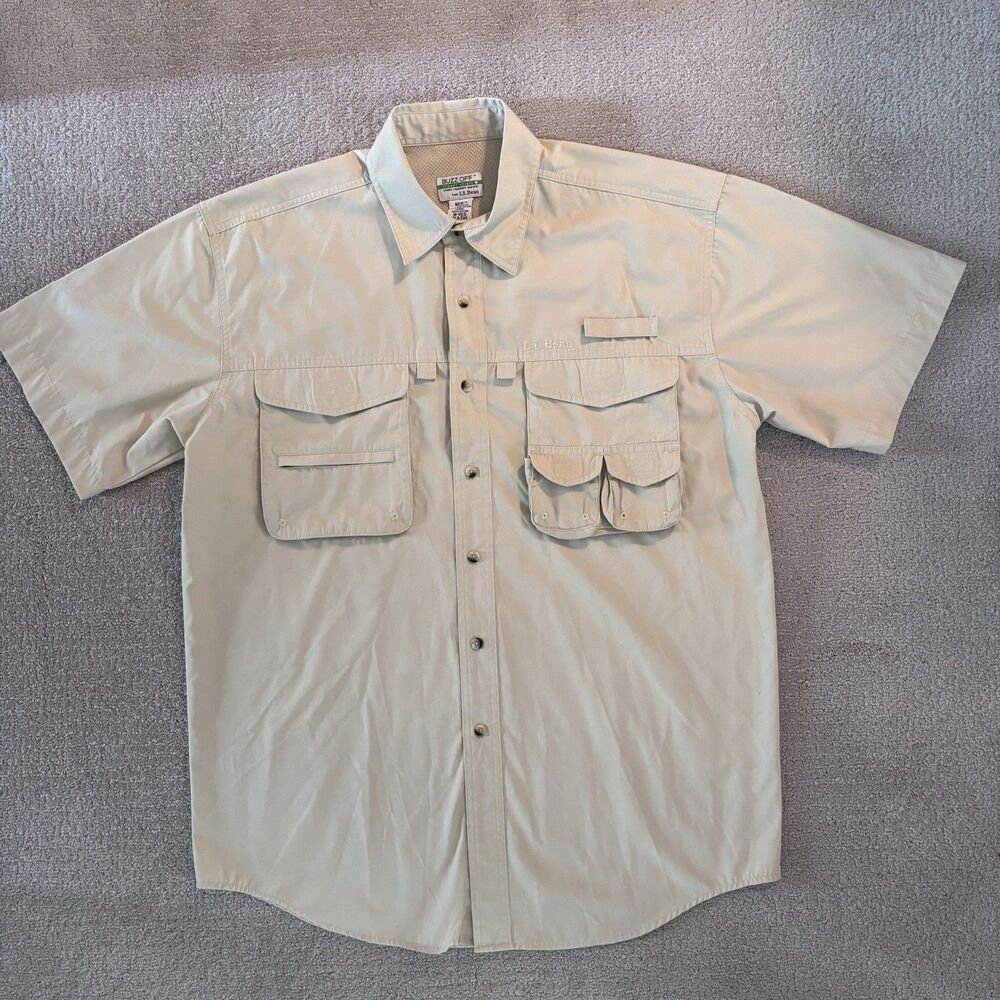 L.L. Bean Mens Buzz Off Fishing Shirt Beige Insect Shield Outdoors Camping Sz M